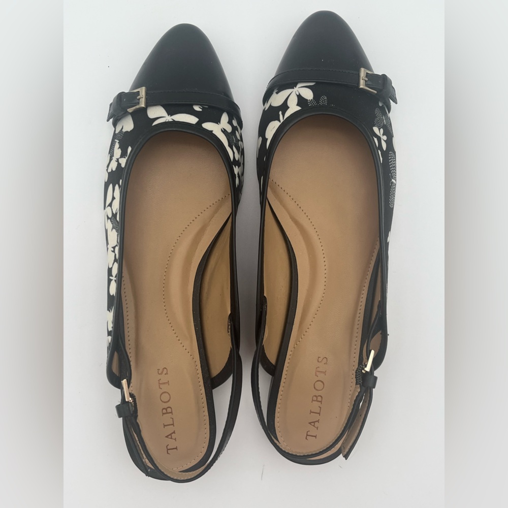 Talbots Black & White Butterfly Slingback buckle flats shoes size 8M leather EUC